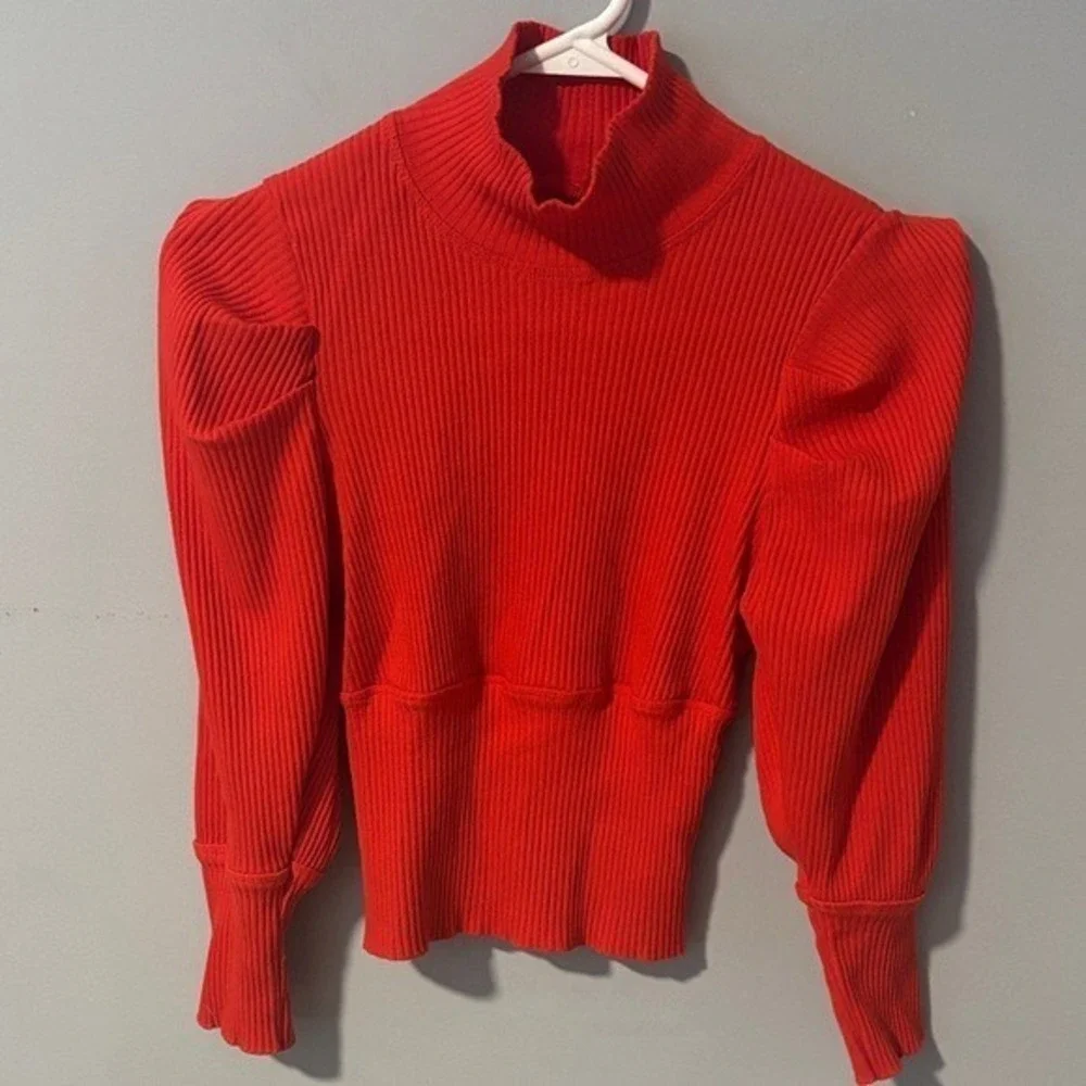 Free People Women Red‎ Ribbed Mock Neck Puff Shoulder Long Sleeve Top Size S